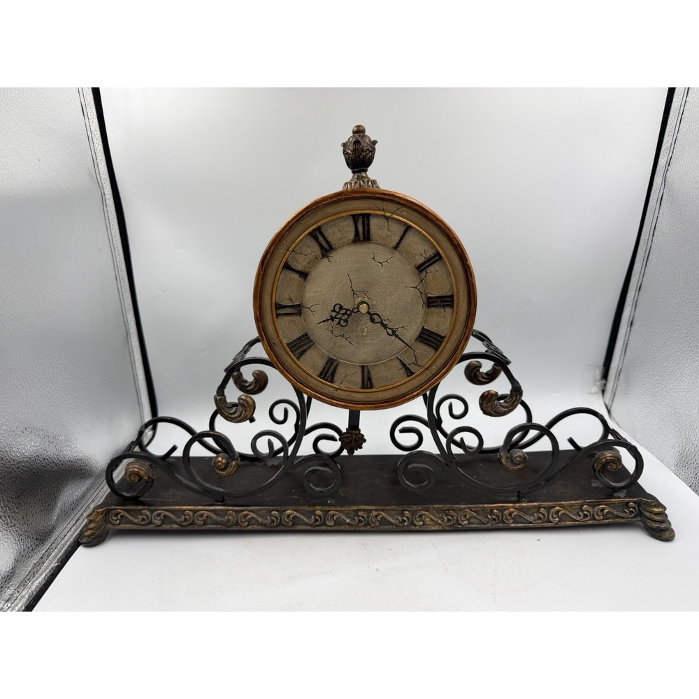The Bombay Company 2005 Ornate Metal Scrollwork Mantel Table Clock Roman Numeral